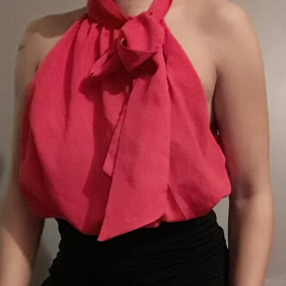 Sz Small Red Hot Roffle Tie Neckline Top-SASSY!